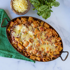 Monterey Jack “Meatball” Rigatoni Bake